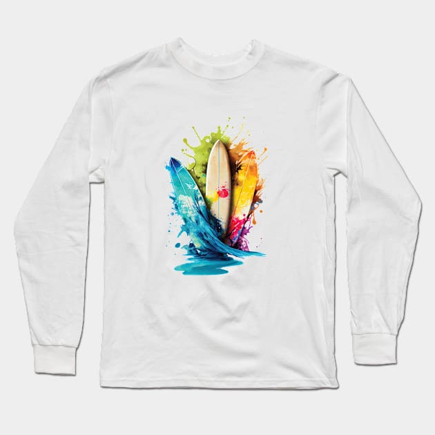 Vibrant Water Color Splash Surfboards Long Sleeve T-Shirt by Vooble